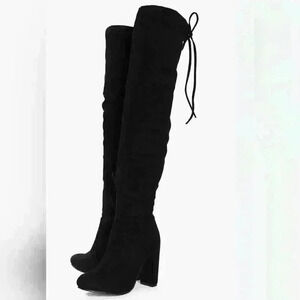Boohoo Rebecca Block Heel Over The Knee Black Faux Suede Thigh High Boots Boot